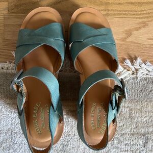 Kork-Ease Ava 2.0 leather wedge sandals, metallic teal, US size 9